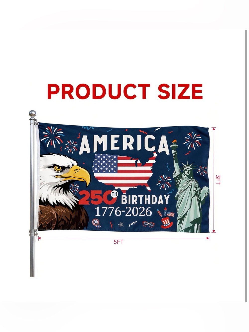 America 250th Birthday Flag - Patriotic Eagle & Statue of Liberty - Picture 2 of 3